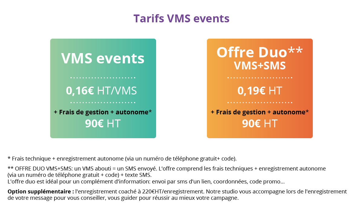 Tarifs VMS EVENTS